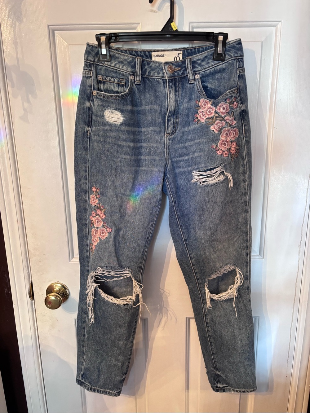 Garage Blue Denim Distressed Boyfriend Jeans with Pink Floral Embroidery